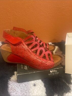 Spring Step Red Laser-Cut Leather Wedge Sandals